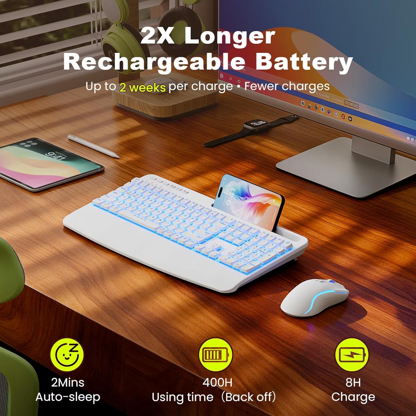 Rechargeable Backlit Wireless Keyboard and Mouse Combo, Ergonomic with Wrist Rest & Phone Holder, Silent for Windows/Mac/Chrome OS - Cloud White