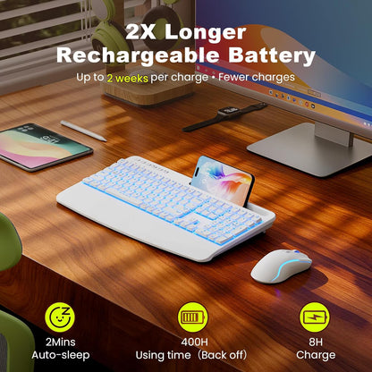 Rechargeable Backlit Wireless Keyboard and Mouse Combo, Ergonomic with Wrist Rest & Phone Holder, Silent for Windows/Mac/Chrome OS - Cloud White