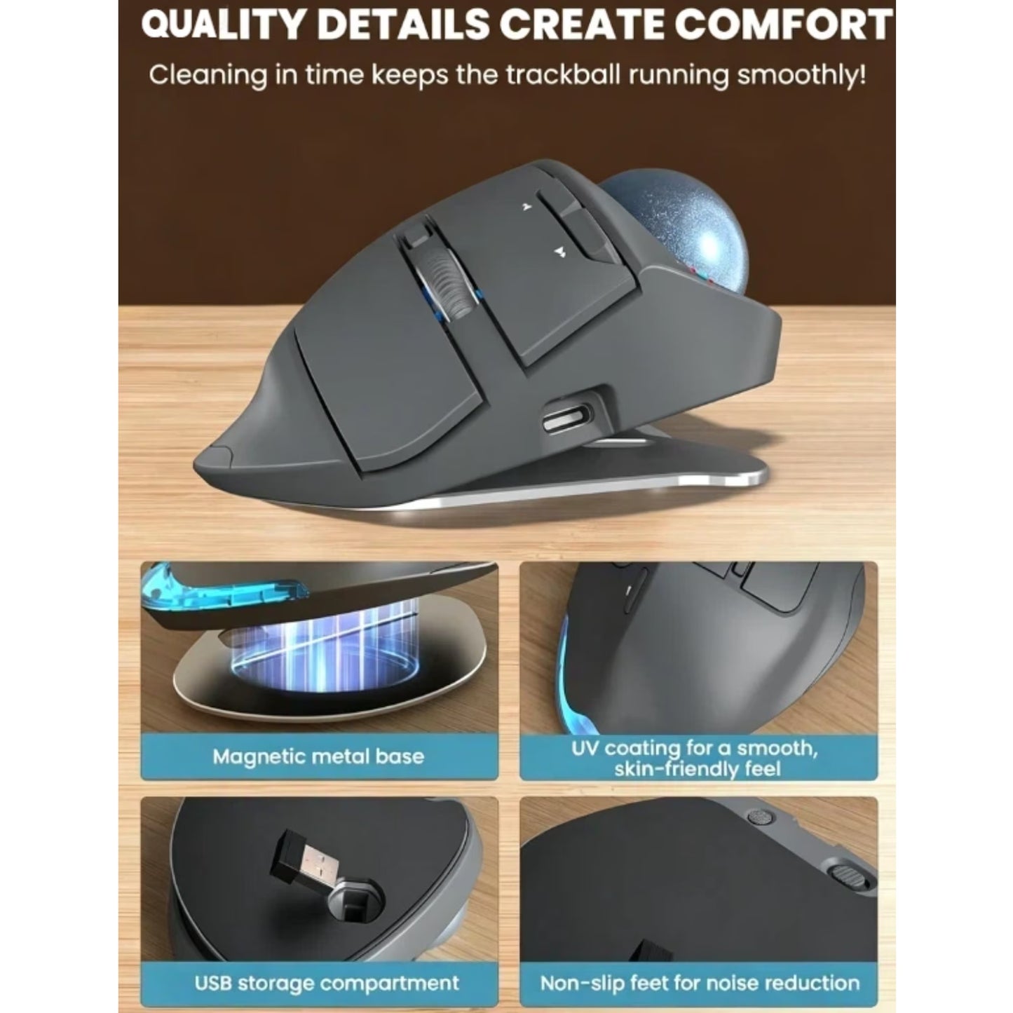 Ergonomic Wireless Trackball Mouse, Adjustable Angle, Thumb Control, Quiet Click, Rechargeable, Multi-Device Bluetooth & USB, for Windows Mac-Grey Ball