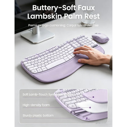 Ergonomic Wireless Keyboard and Mouse Combo, 2.4G Full Size Wave Keyboard with Cushioned Palm Rest, 3 DPI Adjustable Mouse, USB-A & C Compatible with Computer, Laptop, Mac & Tablet - Purple