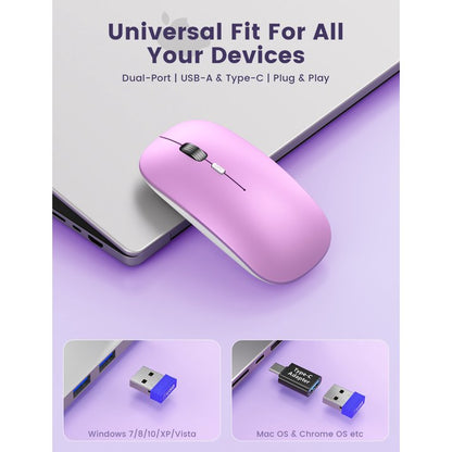 Bluetooth Wireless Mouse for MacBook, iPad, Laptop, Tri-Mode Rechargeable Silent Slim Computer Mouse for 3 Devices with USB & USB-C，Purple