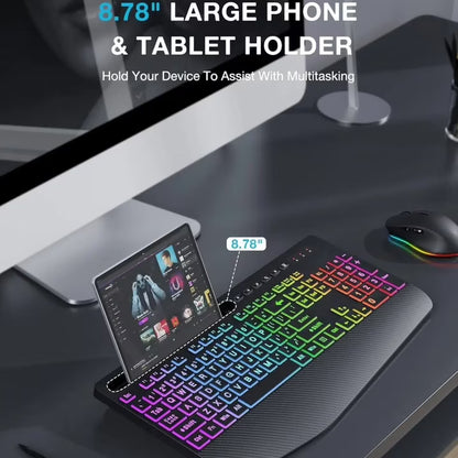 Wireless Keyboard and Mouse Combo with 9 Backlit, Wrist Rest & Phone Holder, Large Print,Deep Black