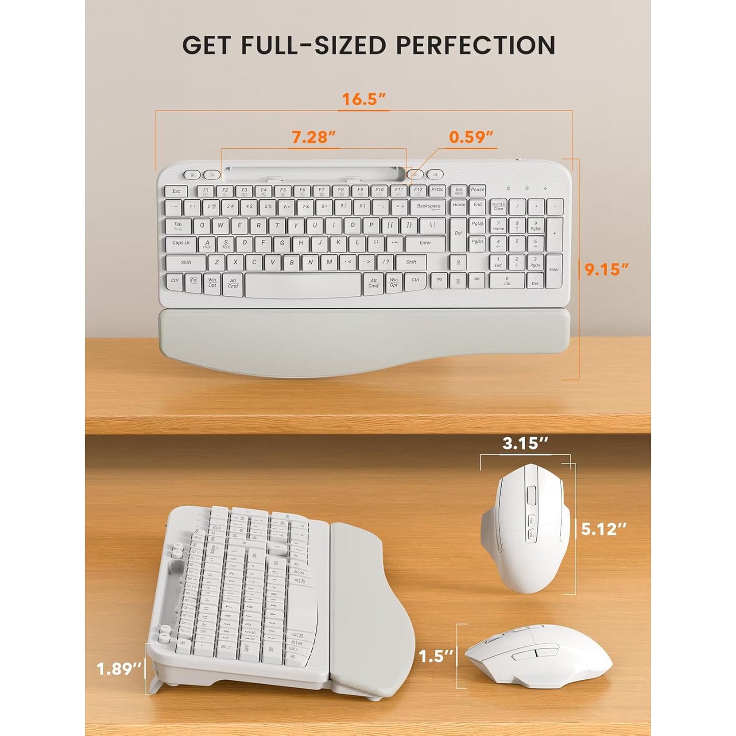 Ergonomic Wireless Keyboard & Mouse Combo - Rechargeable Type-C, Cushioned Wrist Rest, 7.28” Phone Holder, Silent Mouse, 2.4G Lag-Free for Windows/Mac,White