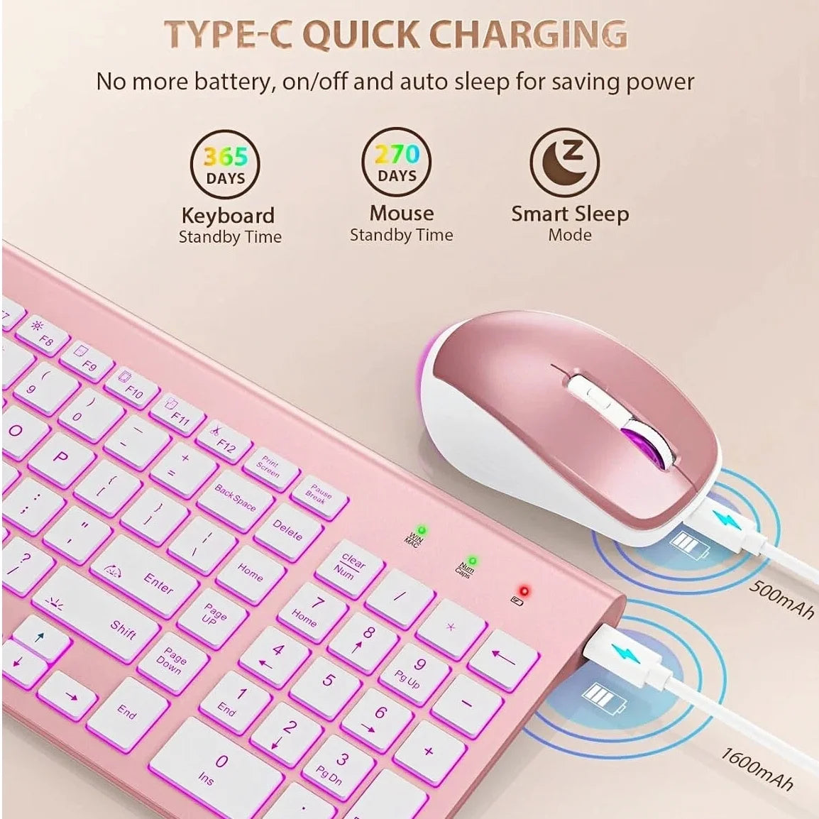 Wireless Keyboard and Mouse Combo - Quiet Backlit Keyboard with RGB Mouse, Rechargeable, Slim, Sleep Mode for Windows, Mac, Laptop - Rose Gold-Wagpak