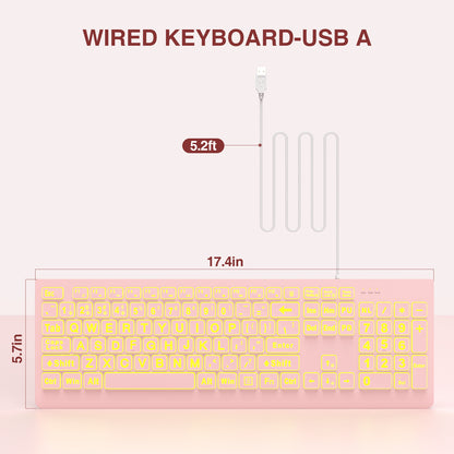 Wagpak Large Print Backlit Keyboard - Wired USB Lighted Computer Keyboard for Laptops,Pink