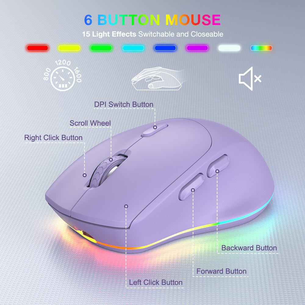 Wireless Keyboard and Mouse Combo with 9 Backlit, Wrist Rest & Phone Holder, Purple