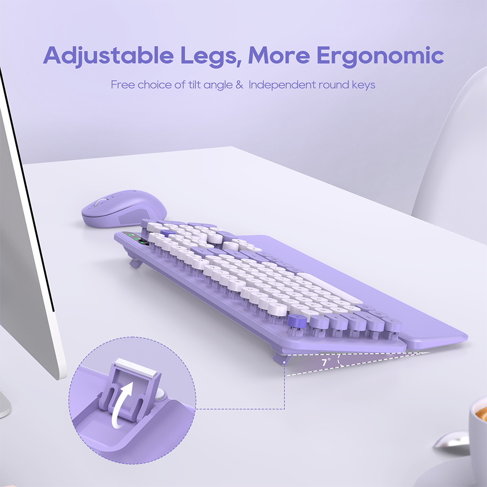 Wireless Keyboard & Mouse Set (Purple) – Retro Round Keycaps, Detachable Wrist Rest, 2.4GHz Cordless Connection for Mac/Windows/PC