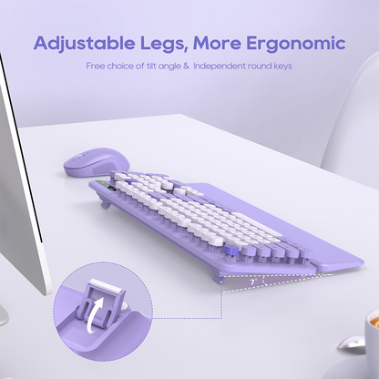 Wireless Keyboard & Mouse Set (Purple) – Retro Round Keycaps, Detachable Wrist Rest, 2.4GHz Cordless Connection for Mac/Windows/PC
