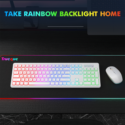 Wagpak Wireless Keyboard 7 Color Backlit Wrist Rest Rechargeable 112 Keys Quiet Keyboard White