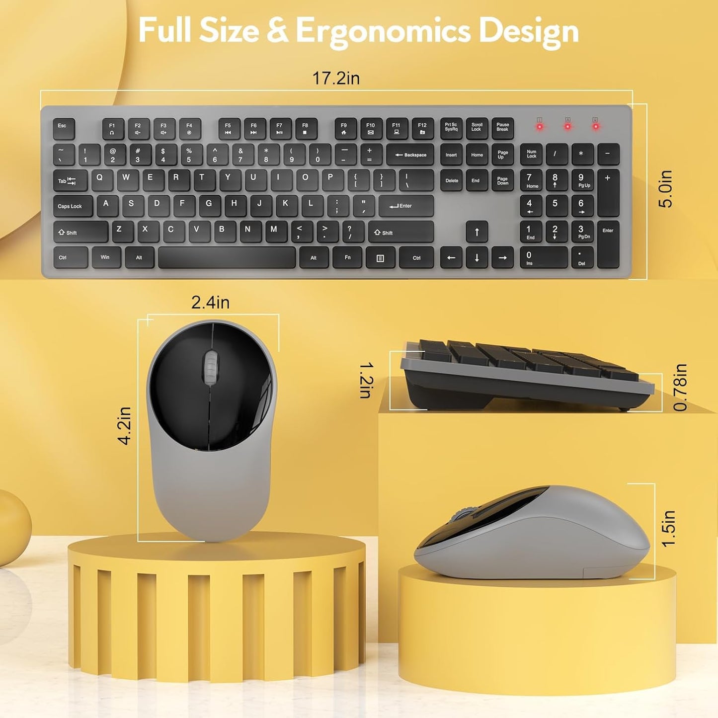 Wireless Keyboard and Mouse, Silent 2.4GHz Cordless Combo-Gray-Wagpak