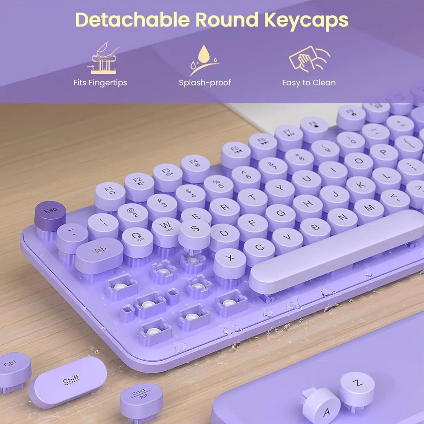 Wireless Keyboard and Mouse Combo - Retro Round Keycaps, Detachable Wrist Rest, Foldable Legs, 2.4GHz Full-Size Keyboard Purple
