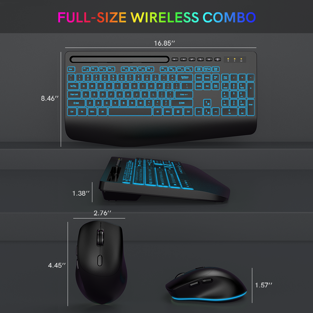 Wireless Keyboard and Mouse Combo with 7 Color Backlit, Rechargeable Ergonomic Keyboard with Palm Rest