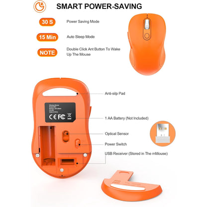 Wireless Mouse for Laptop, Ergonomic Silent Computer Mouse with USB & USB-C, 3 DPI 6 Buttons, Orange