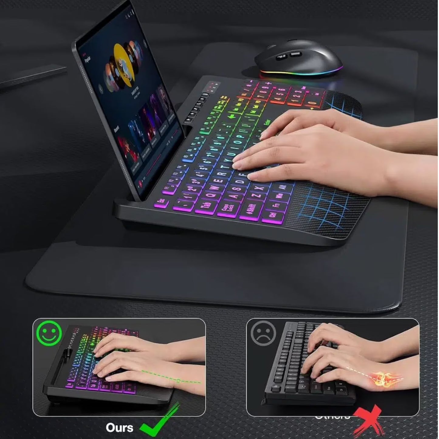 Wireless Keyboard and Mouse Combo with 9 Backlit, Wrist Rest & Phone Holder, Large Print,Deep Black
