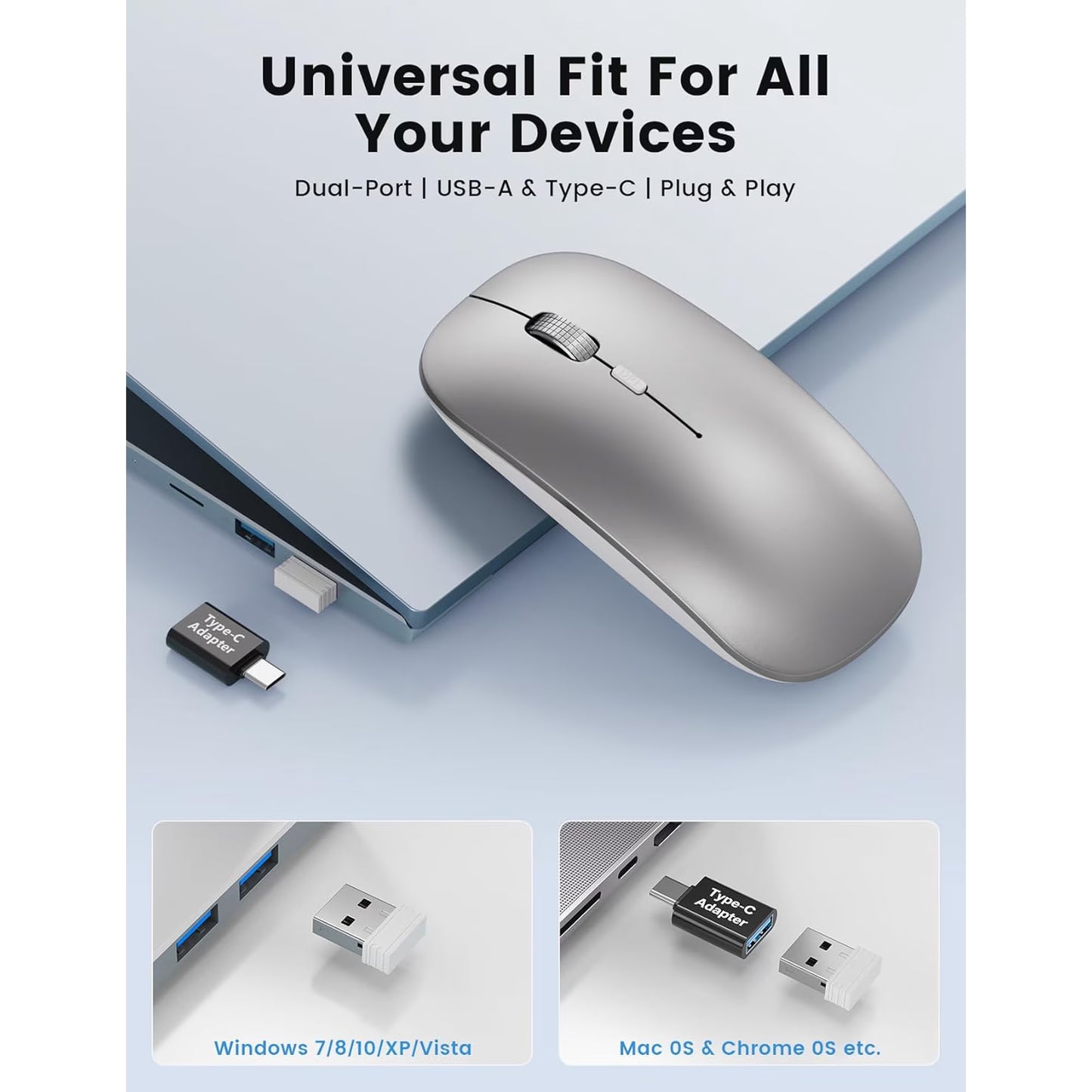 Bluetooth Wireless Mouse for MacBook, iPad, Laptop, Tri-Mode Rechargeable Silent Slim Computer Mouse for 3 Devices with USB & USB-C,Sliver