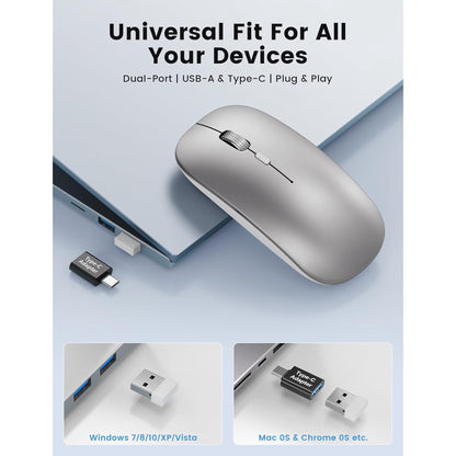 Bluetooth Wireless Mouse for MacBook, iPad, Laptop, Tri-Mode Rechargeable Silent Slim Computer Mouse for 3 Devices with USB & USB-C,Sliver