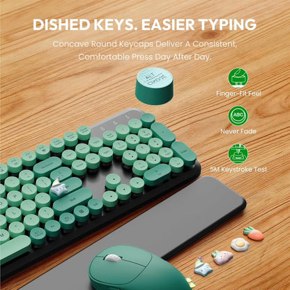 Wireless Keyboard & Mouse Set – Retro Round Keycaps, Detachable Wrist Rest, 2.4GHz Cordless Connection for Mac/Windows/PC