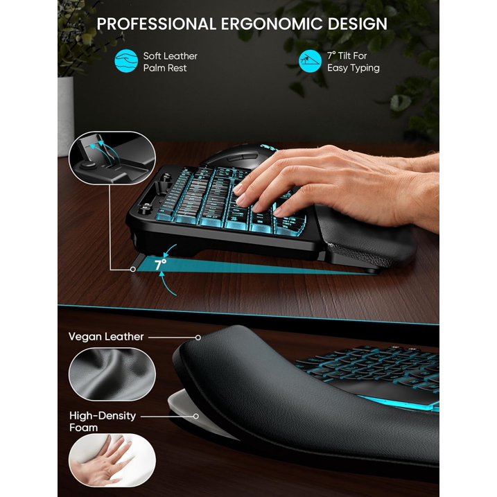 Wireless Keyboard and Mouse Combo, Ergonomic Wave Keyboard with Wrist Rest, RGB Backlit, Rechargeable, Dual System Compatible