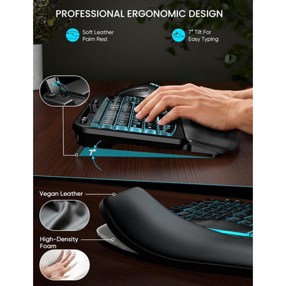 Wireless Keyboard and Mouse Combo, Ergonomic Wave Keyboard with Wrist Rest, RGB Backlit, Rechargeable, Dual System Compatible