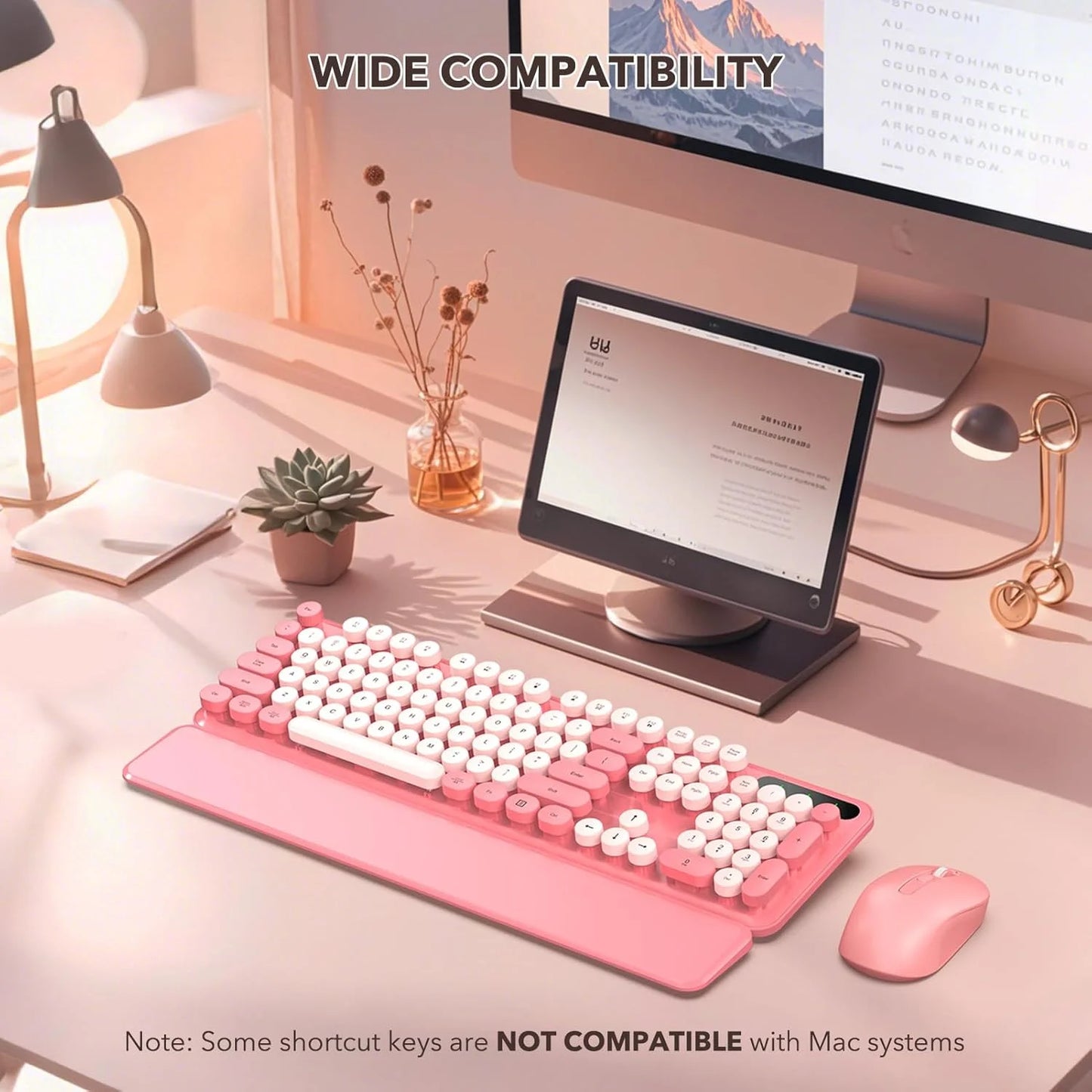 Wireless Keyboard & Mouse Set– Retro Round Keycaps, Detachable Wrist Rest, 2.4GHz Cordless Connection for Mac/Windows/PC