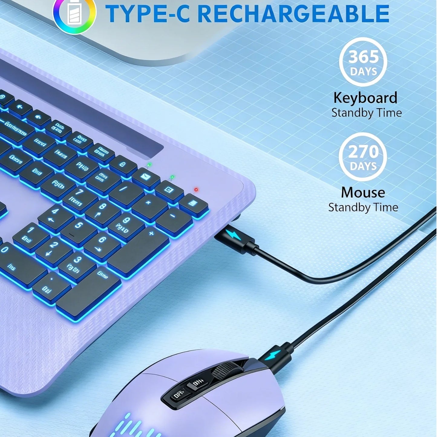 Wireless Keyboard and Mouse Backlit, Rechargeable Ergonomic Keyboard with Wrist Rest, LED Mouse, Phone Holder, Silent for Computer, Mac, PC, Laptop, Chromebook-Purple