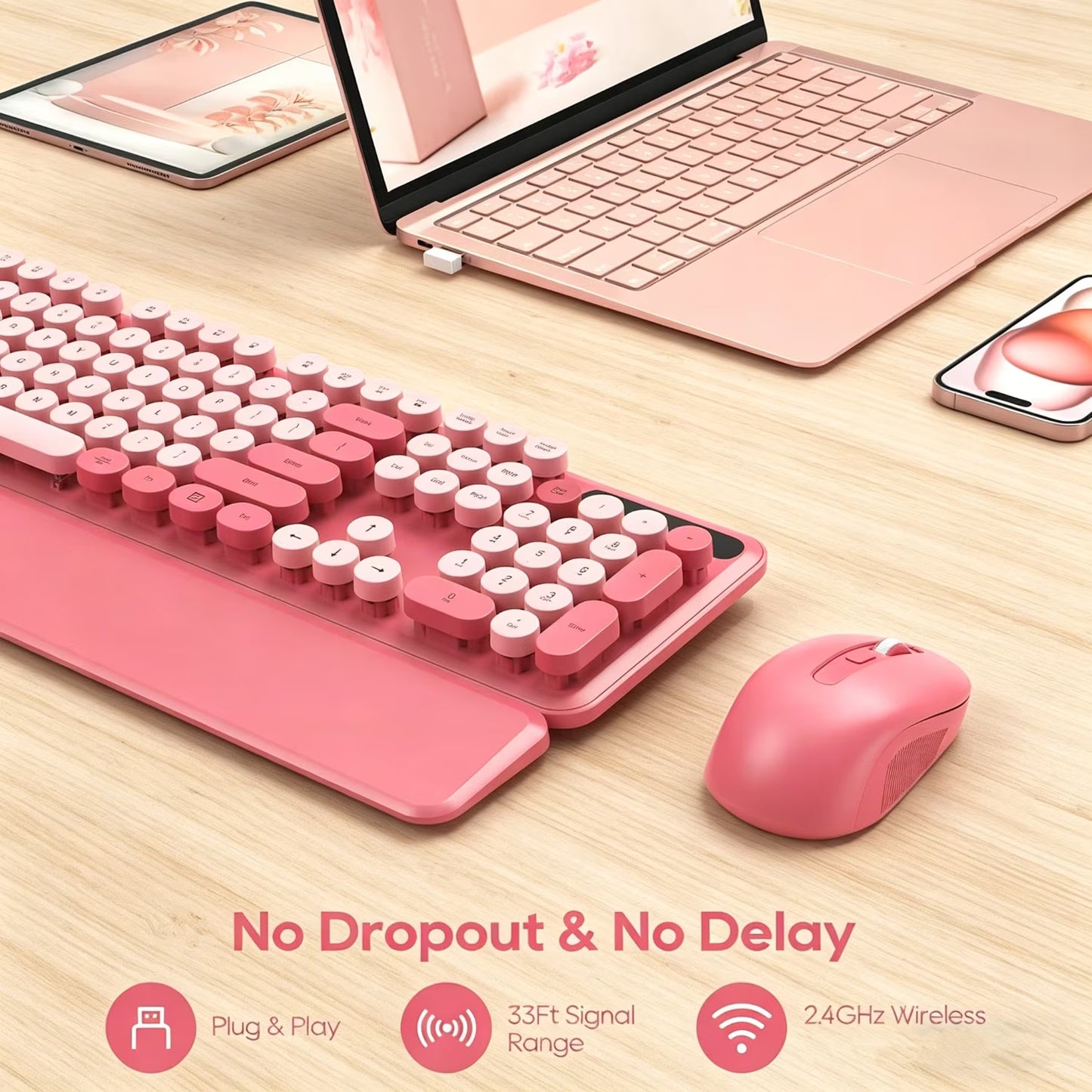 Wireless Keyboard and Mouse Combo, Retro Round Keycaps, Full Size with Detachable Wrist Rest, 2.4G for PC Mac Windows, Pink