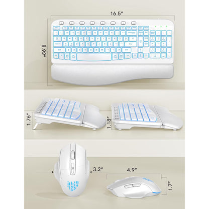 Wireless Keyboard and Mouse Combo - Ergonomic Wave Rechargeable Keyboard with Soft Leather Wrist Rest, RGB Backlit -White