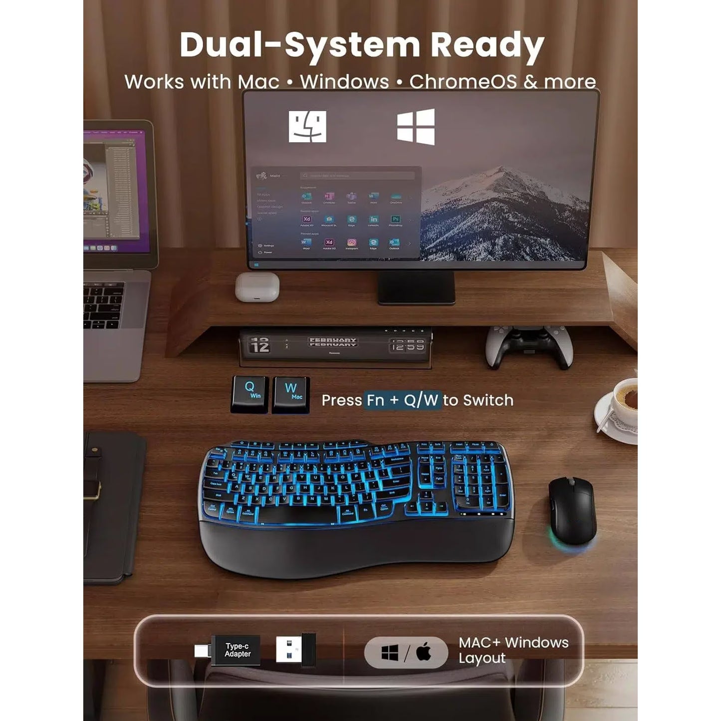 Ergonomic Wireless Keyboard and Mouse Combo, 4000mAh Rechargeable Backlit Keyboard with Lambskin Wrist Rest, Wave Keys, 10M Keystroke, USB-A/C Plug & Play for Windows Mac Chrome OS