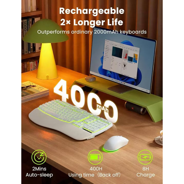 Ergonomic Wireless Keyboard and Mouse Combo, 4000mAh Rechargeable Backlit Keyboard with Lambskin Wrist Rest, Wave Keys, 10M Keystroke, USB-A/C Plug & Play for Windows Mac Chrome OS