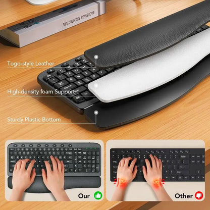 Ergonomic Wireless Keyboard and Mouse Combo, Leather Cushioned Palm Rest, Wave Keys, Silent Typing, 2.4G Lag-Free-Wagpak