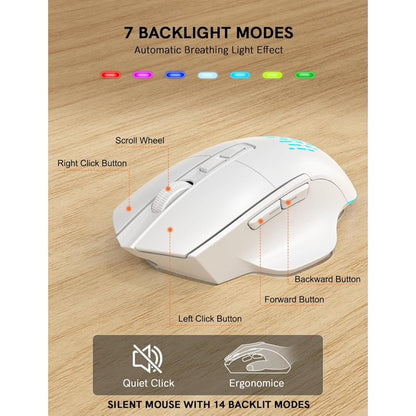Wireless Keyboard and Mouse Combo - Ergonomic Wave Rechargeable Keyboard with Soft Leather Wrist Rest, RGB Backlit -White