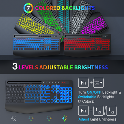 Wireless Keyboard and Mouse Combo with 7 Color Backlit, Rechargeable Ergonomic Keyboard with Palm Rest