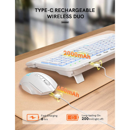 Wireless Keyboard and Mouse Combo - Ergonomic Wave Rechargeable Keyboard with Soft Leather Wrist Rest, RGB Backlit -White