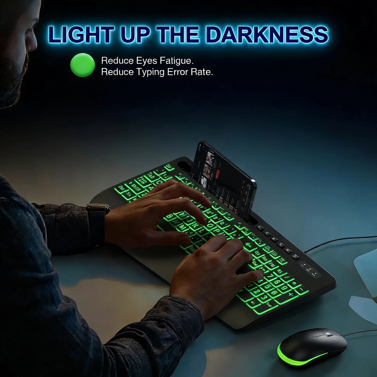 Large Print Wired Backlit Keyboard with 7-Color Backlight, Wrist Rest, Phone Holder, Oversized Keys, USB Plug & Play for PC Laptop Desktop Windows, Black