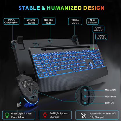 Wireless Keyboard and Mouse Backlit, Rechargeable Ergonomic Keyboard with Wrist Rest, LED Mouse, Phone Holder, Silent for Computer, Mac, PC, Laptop, Chromebook--Black