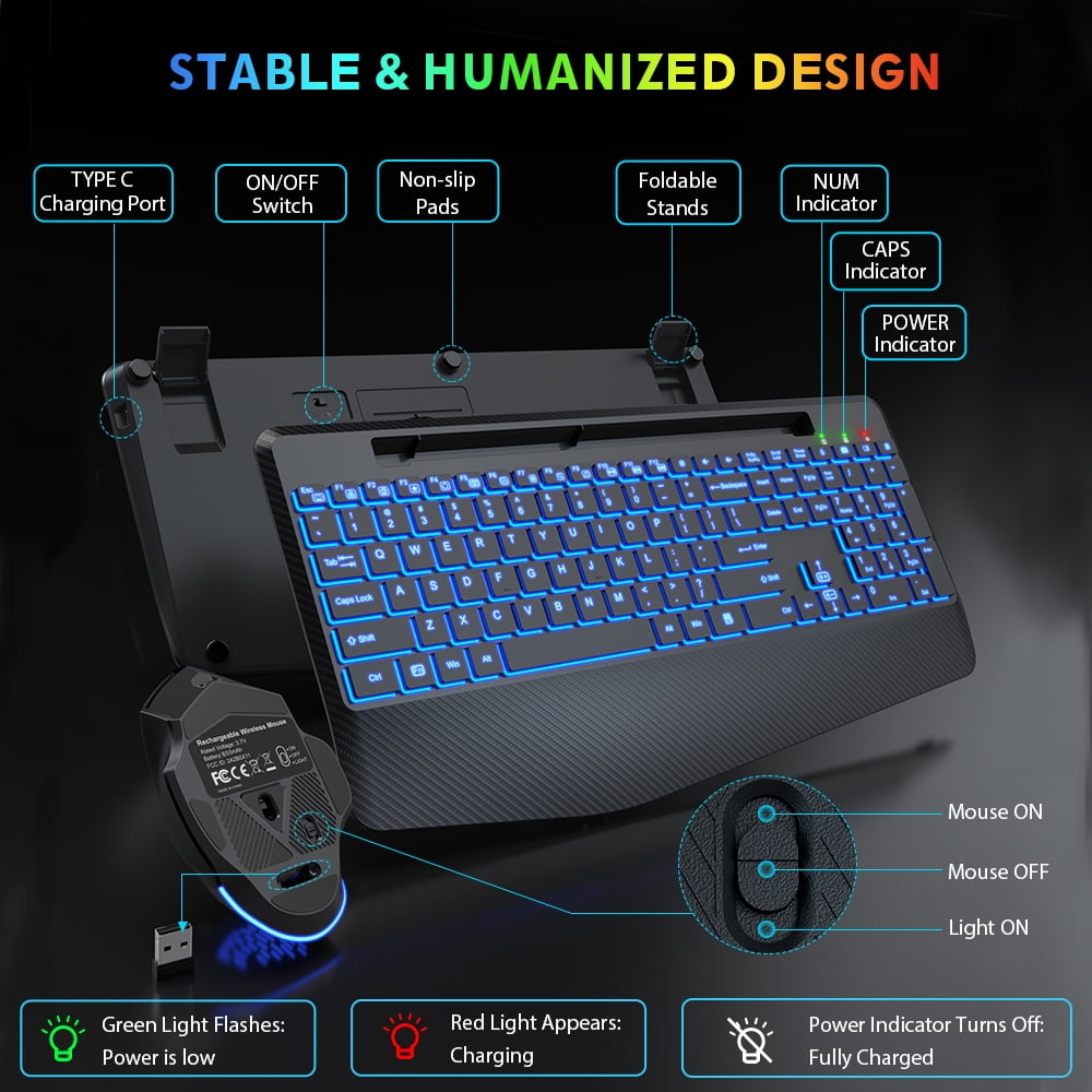 Wagpak Wireless Keyboard and Mouse Combo with 7 Color RGB Backlighting and Jiggler Functionality