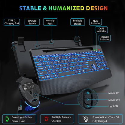 Wagpak Wireless Keyboard and Mouse Combo with 7 Color RGB Backlighting and Jiggler Functionality