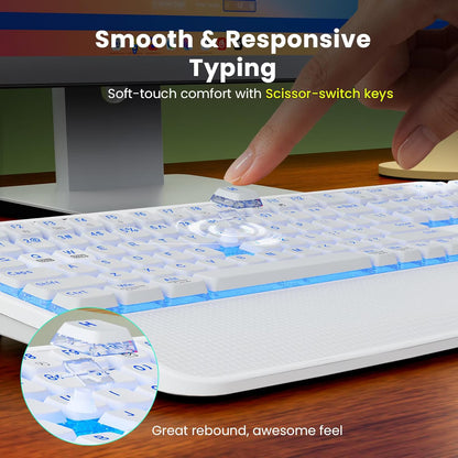 Rechargeable Backlit Wireless Keyboard and Mouse Combo, Ergonomic with Wrist Rest & Phone Holder, Silent for Windows/Mac/Chrome OS - Cloud White
