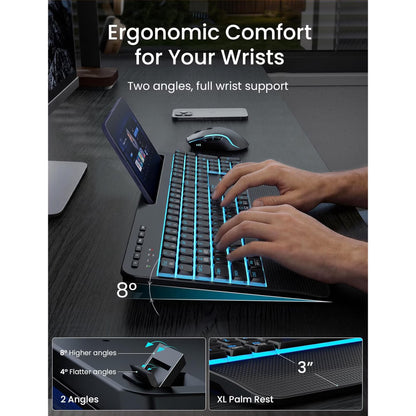 Rechargeable Backlit Wireless Keyboard and Mouse Combo, Ergonomic with Wrist Rest & Phone Holder, Silent for Windows/Mac/Chrome OS - Black
