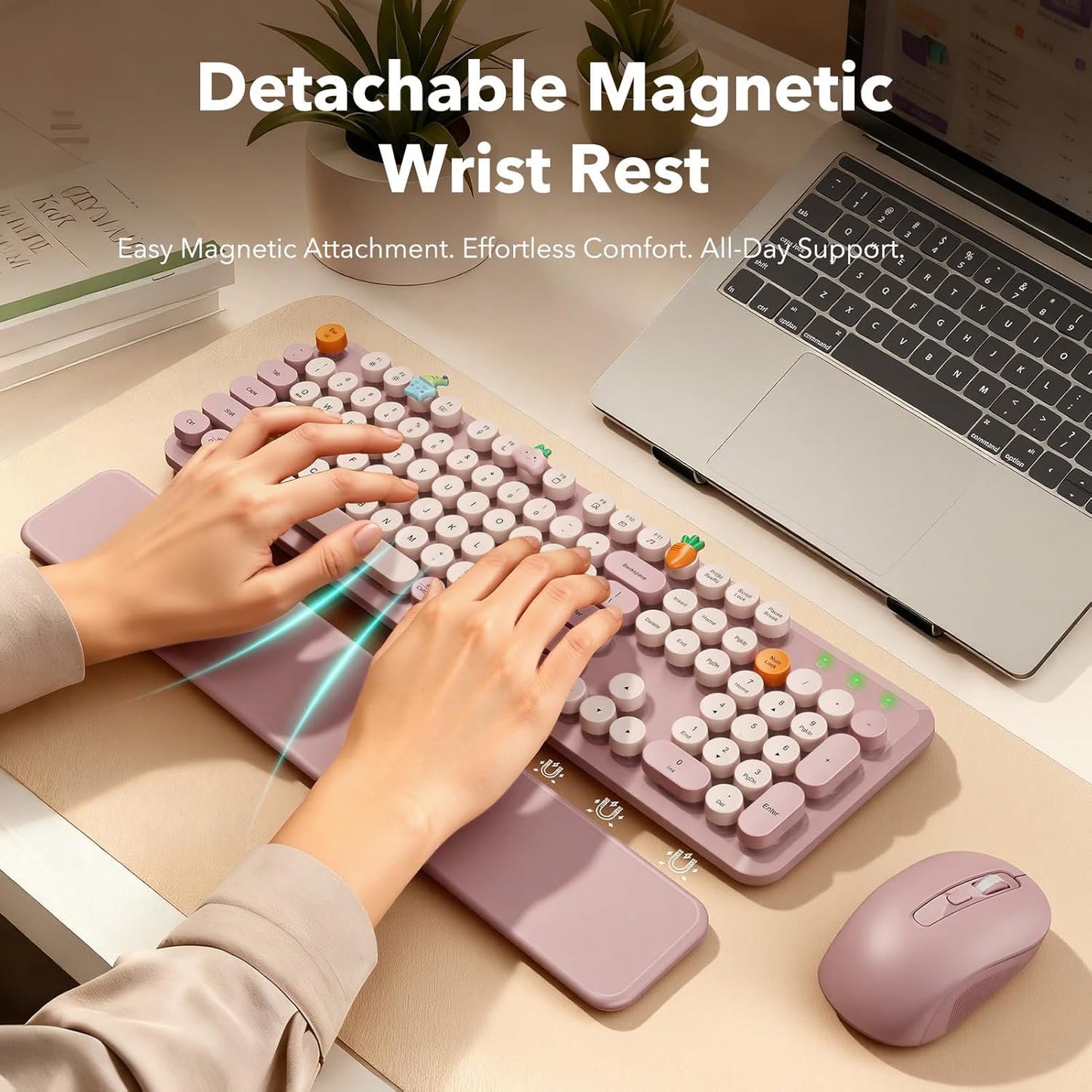 Wireless Keyboard and Mouse Combo Latte, Retro Round Keycaps, Full Size with Detachable Wrist Rest, 2.4G for PC Mac Windows