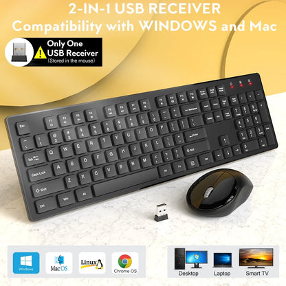 Wireless Keyboard and Mouse, Silent 2.4GHz Cordless Combo-Black-Wagpak