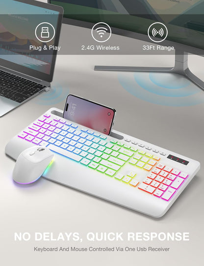 Wireless Keyboard and Mouse Combo with 9 Backlit, Wrist Rest & Phone Holder, White