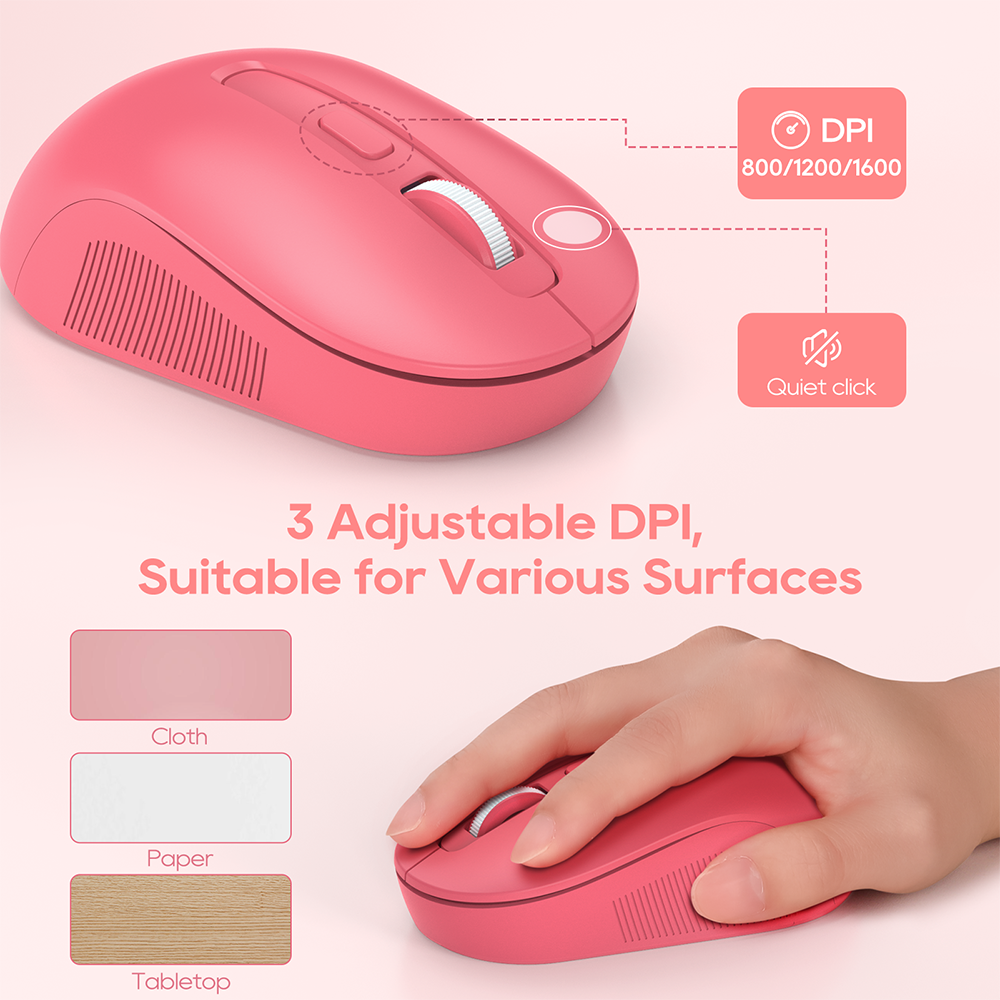 Wireless Keyboard & Mouse Set (Hot Pink) – Retro Round Keycaps, Detachable Wrist Rest, 2.4GHz Cordless Connection for Mac/Windows/PC