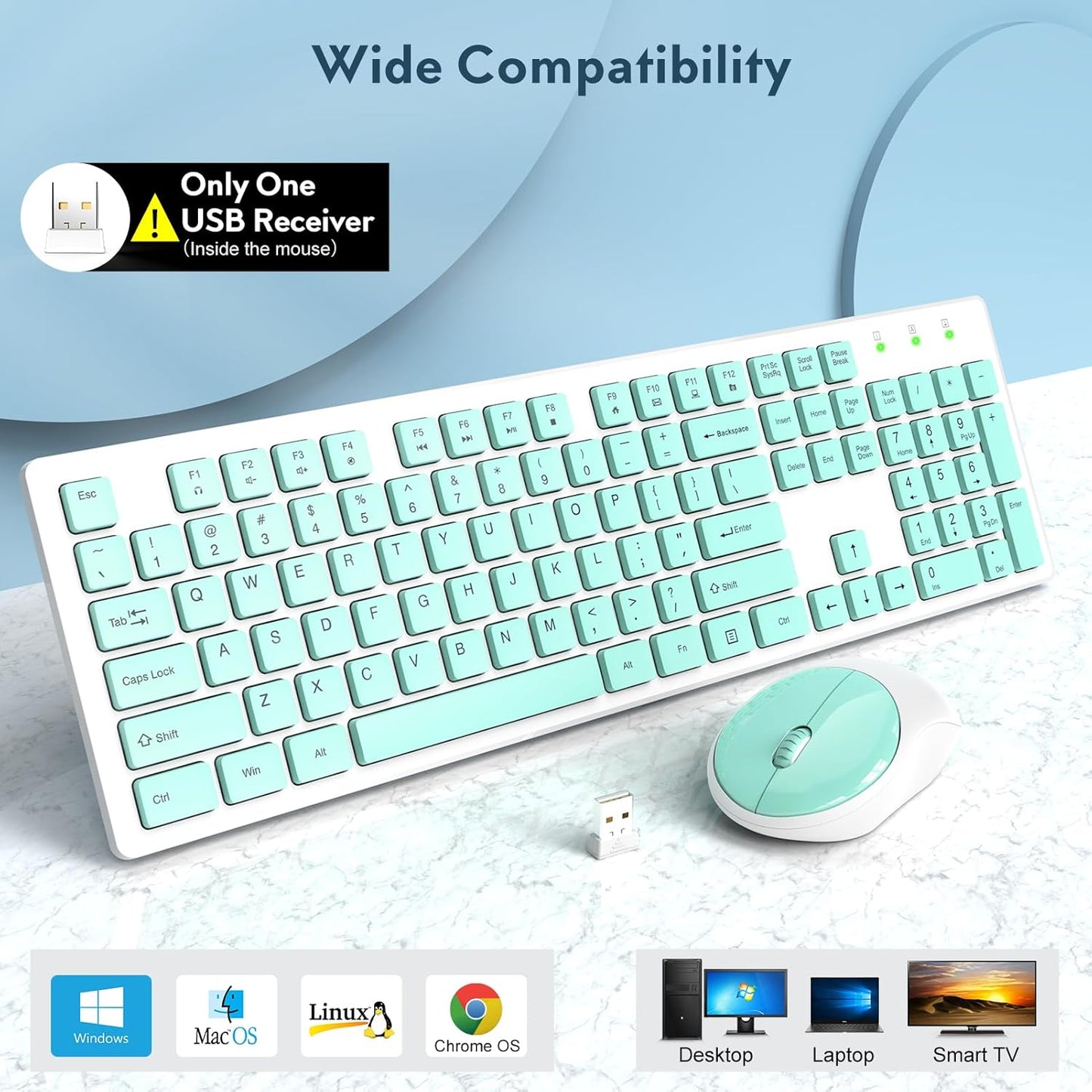 Wireless Keyboard and Mouse, Silent 2.4GHz Cordless Combo-Green-Wagpak