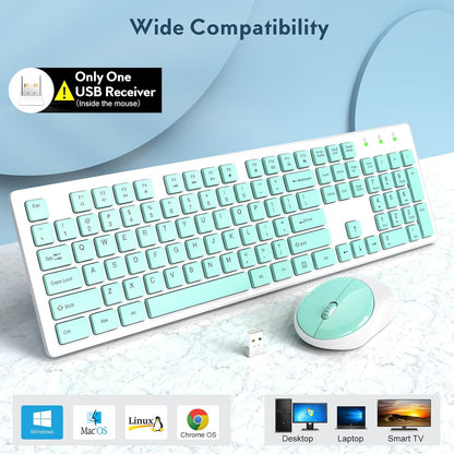 Wireless Keyboard and Mouse, Silent 2.4GHz Cordless Combo-Green-Wagpak