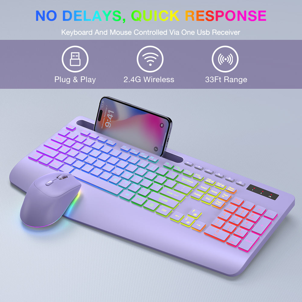 Wireless Keyboard and Mouse Combo with 9 Backlit, Wrist Rest & Phone Holder, Purple