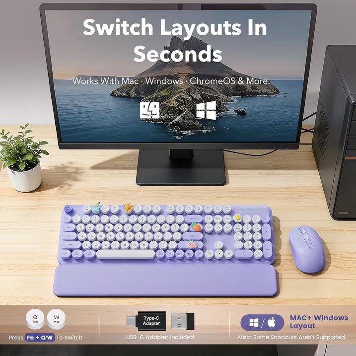 Wireless Keyboard and Mouse Combo, Retro Round Keycaps, Full Size with Detachable Wrist Rest, 2.4G for PC, Lavender Purple