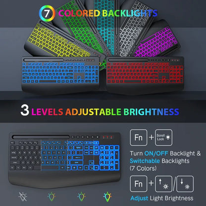 Wireless Keyboard-7 Colored Backlits-Rechargeable Ergonomic Keyboard with Silent Light Up Keys-Wrist Rest-Phone Holder-Cordless