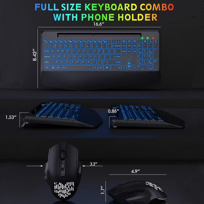 Wireless Keyboard and Mouse Backlit, Rechargeable Ergonomic Keyboard with Wrist Rest, LED Mouse, Phone Holder, Silent for Computer, Mac, PC, Laptop, Chromebook--Black