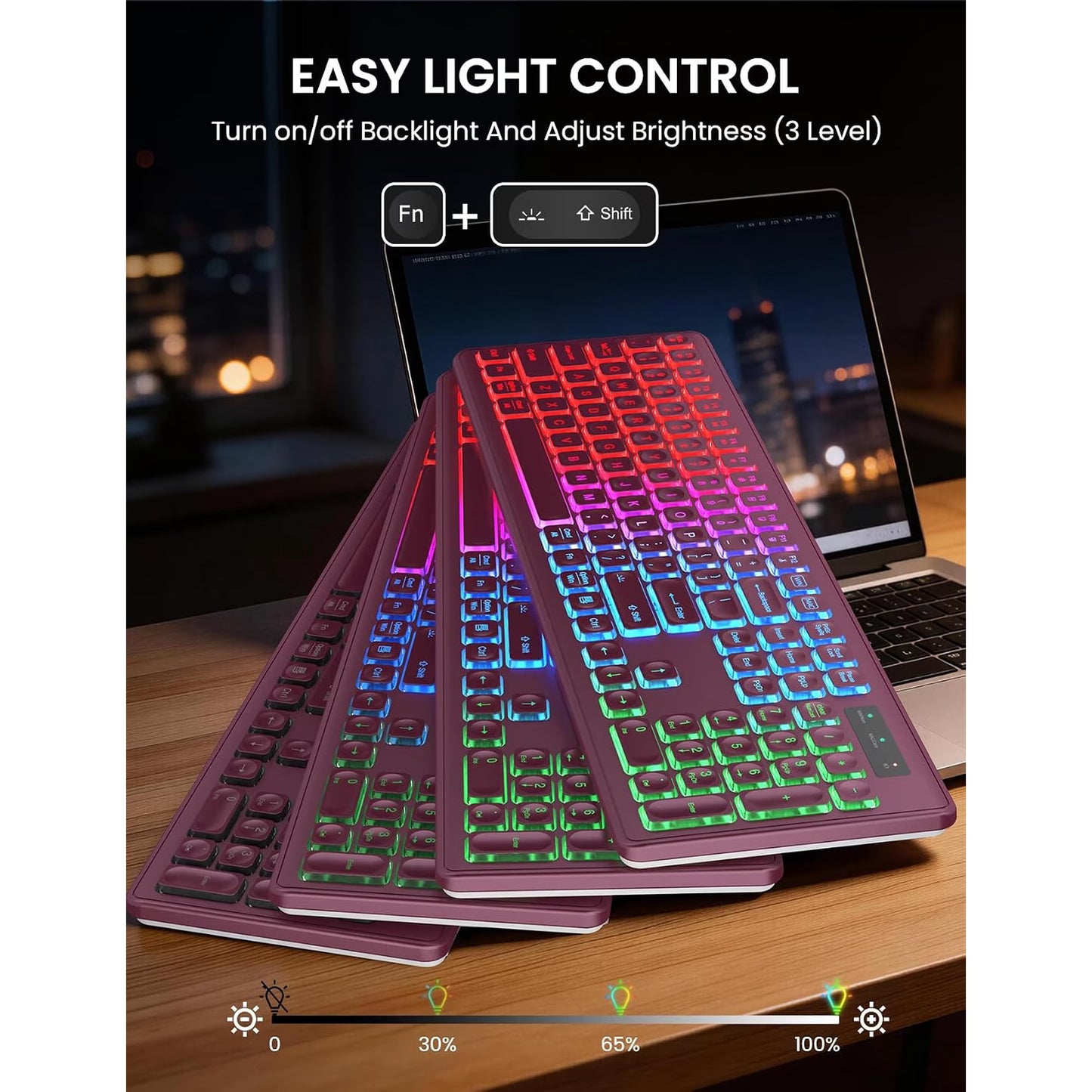 Wireless Keyboard and Mouse Combo, Rechargeable RGB Backlit with Light Up Letters, for Mac, Windows, PC & Laptop, Berry Red